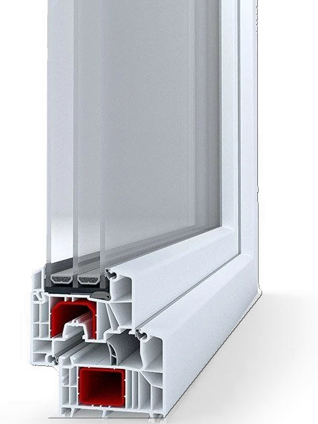 Aluplast Intertec 85 MD Kunststofffenster im Profilschnitt mit Mitteldichtung und 3-fach-Verglasung